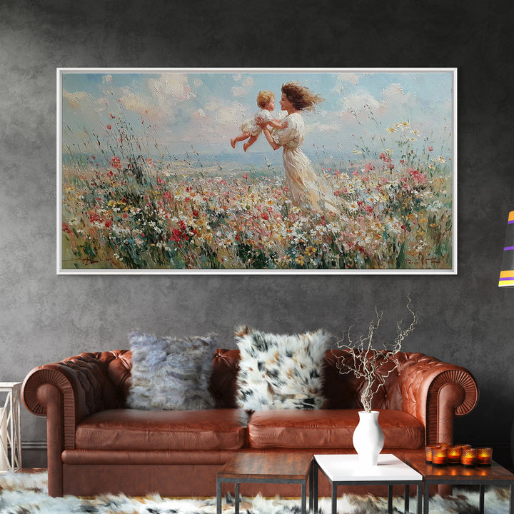 Mother Holding Baby In Seaside Wildflower Meadow Wall Art, Coastal Canvas Print For Nursery Decor And Mothers Day Gift For Her