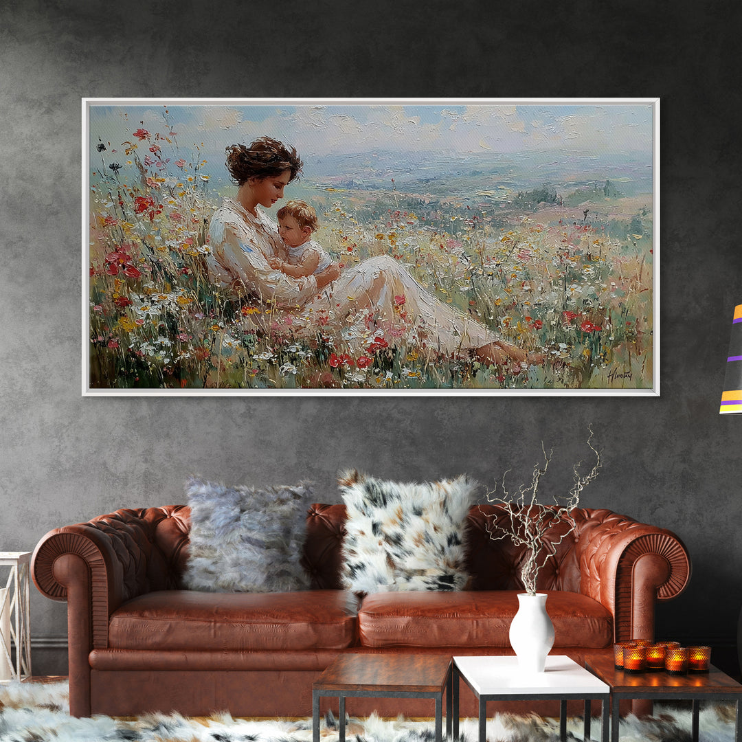 Nursing Mother With Baby In Sunlit Flower Meadow Wall Art, Impressionist Canvas Print For Nursery Decor And Housewarming Gift