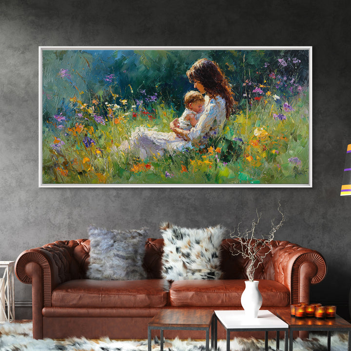 Mother Nursing Baby In Shaded Garden Wildflowers Canvas Print, Impressionist Wall Art For Nursery Decor And Nature Lover Gift