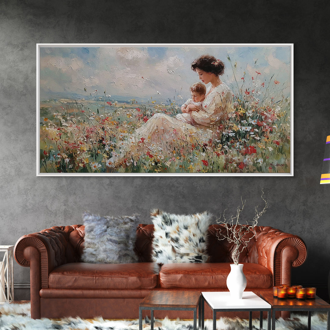 Seated Mother Nursing Baby In Meadow Wildflowers Framed Canvas Print, Impressionist Wall Art For Nursery And Bedroom Decor