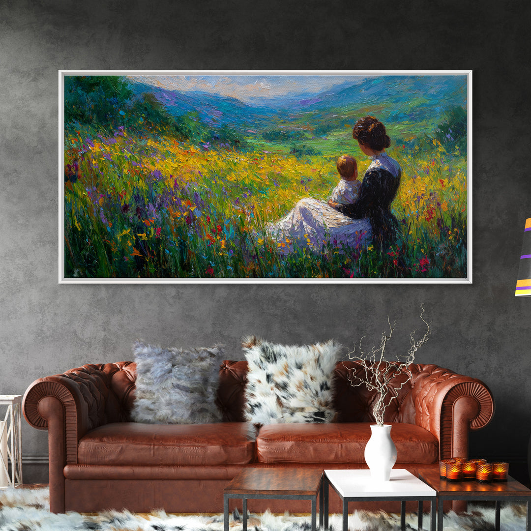 Mother And Child In Wildflower Mountain Meadow Wall Art, Impressionist Landscape, Nursery Decor, Gift For Mom, Living Room Decor