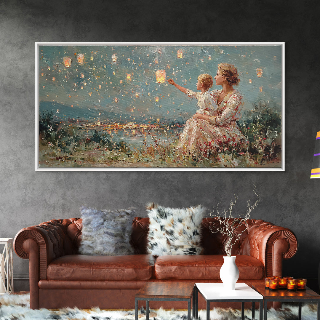 Mother And Child Sky Lanterns Over Lake Wall Art, Dreamy Night Landscape, Romantic Decor, Gift For Mom, Bedroom Wall Art