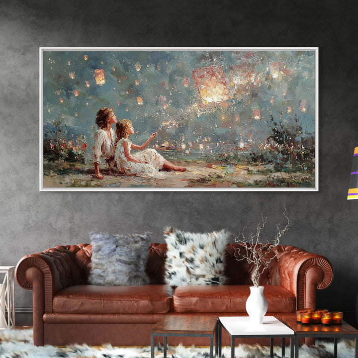 Children Launching Glowing Sky Lanterns Canvas Print, Magical Lake Wall Art, Whimsical Decor, Nursery Art, Gift For Her, Bedroom Decor