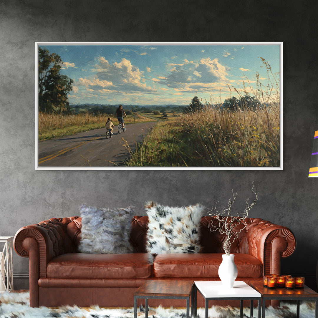 Country Road Bike Ride With Child, Golden Meadow Landscape Wall Art, Family Home Decor, Living Room Art, Housewarming Gift
