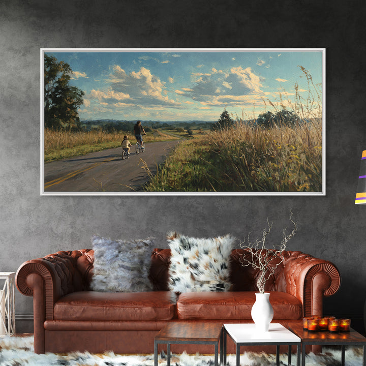 Country Road Bike Ride With Child, Golden Meadow Landscape Wall Art, Family Home Decor, Living Room Art, Housewarming Gift