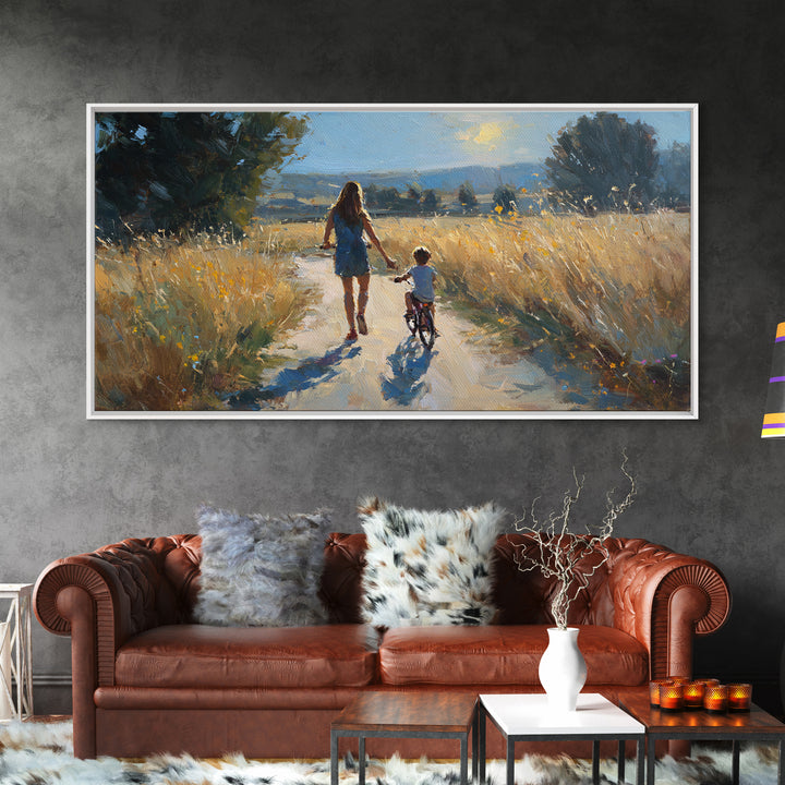 Mother Walking Child With Bicycle Through Golden Fields Canvas Print, Country Landscape Wall Art, Family Living Room Decor