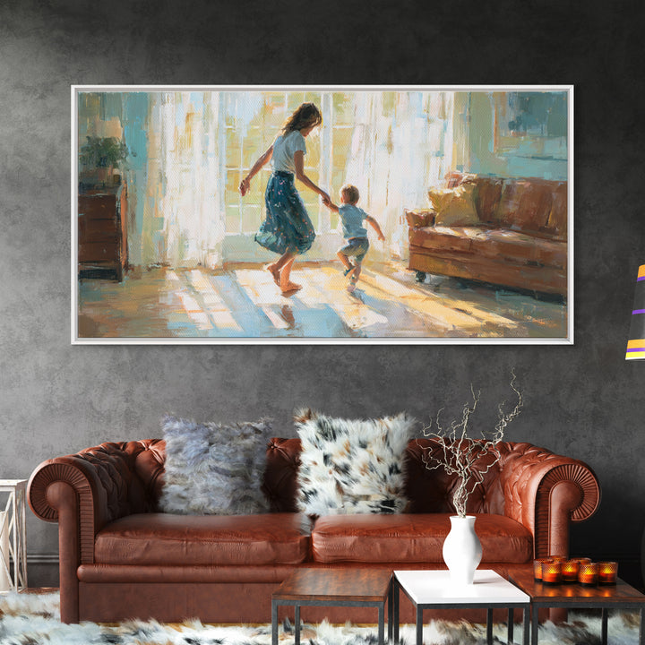 Mother And Toddler Dancing In Sunlit Living Room Canvas Print, Warm Family Wall Art, Cozy Home Decor, Gift For Her, Bedroom Decor