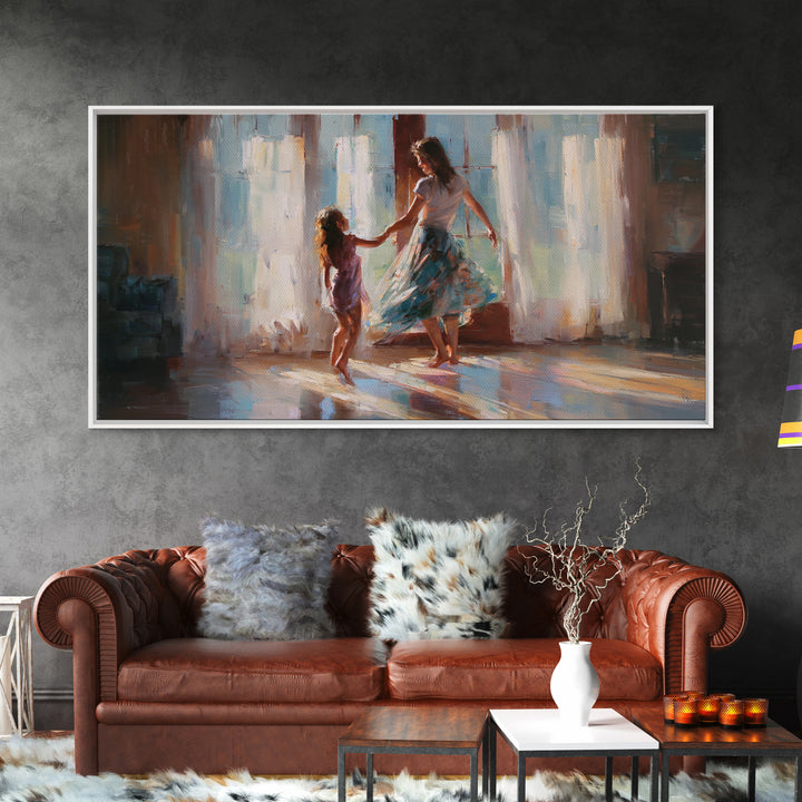 Mother And Daughter Dancing By Bright Windows Framed Canvas Print, Sunlit Family Wall Art, Feminine Home Decor Gift, Living Room Decor