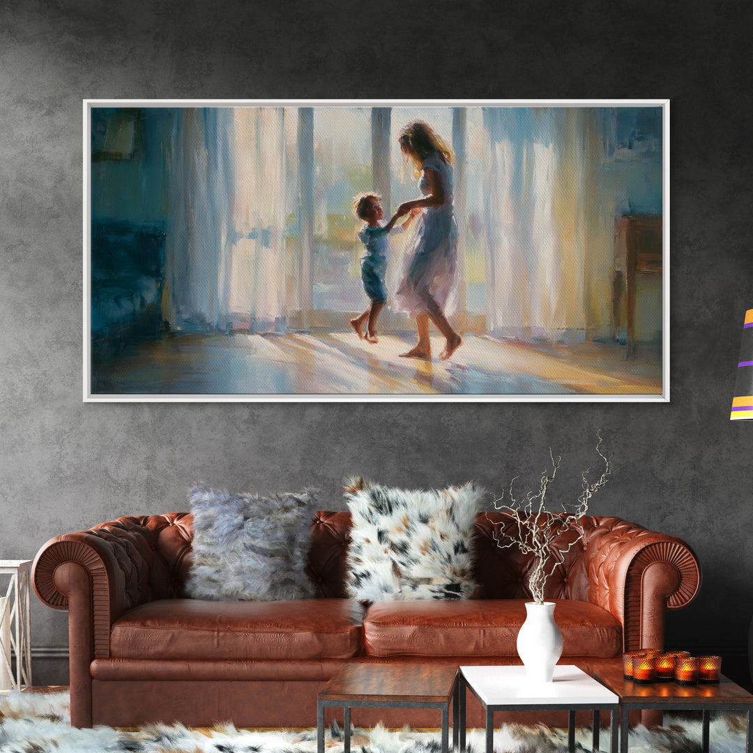 Mother And Child Dancing In Window Light Wall Art, Impressionist Family Painting, Cozy Bedroom Decor, Gift For Her, Living Room Art