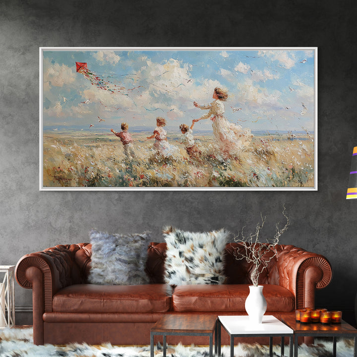 Mother And Children Flying Kite Canvas Print, Coastal Meadow Wall Art, Impressionist Family Decor, Beach House Gift For Mom