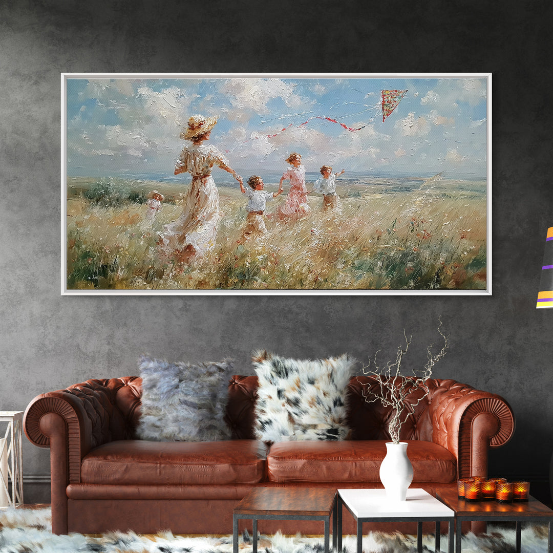 Woman And Children Run With Kite Canvas Print, Windy Meadow Wall Art, Coastal Landscape Art, Nursery Decor, Gift For Mom