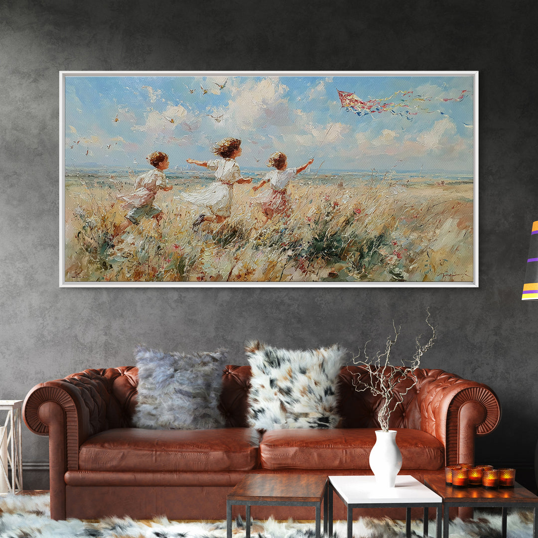 Children Running Through Meadow Canvas Print, Kite Flying Wall Art, Impressionist Landscape, Playroom Decor, Gift For Her
