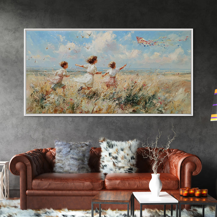 Children Running Through Meadow Canvas Print, Kite Flying Wall Art, Impressionist Landscape, Playroom Decor, Gift For Her
