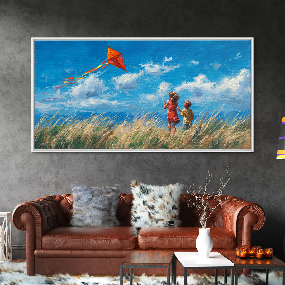 Two Children Flying Red Kite Canvas Print, Bright Blue Sky Wall Art, Summer Meadow Decor, Kids Room Art, Gift For Mom, Home Decor