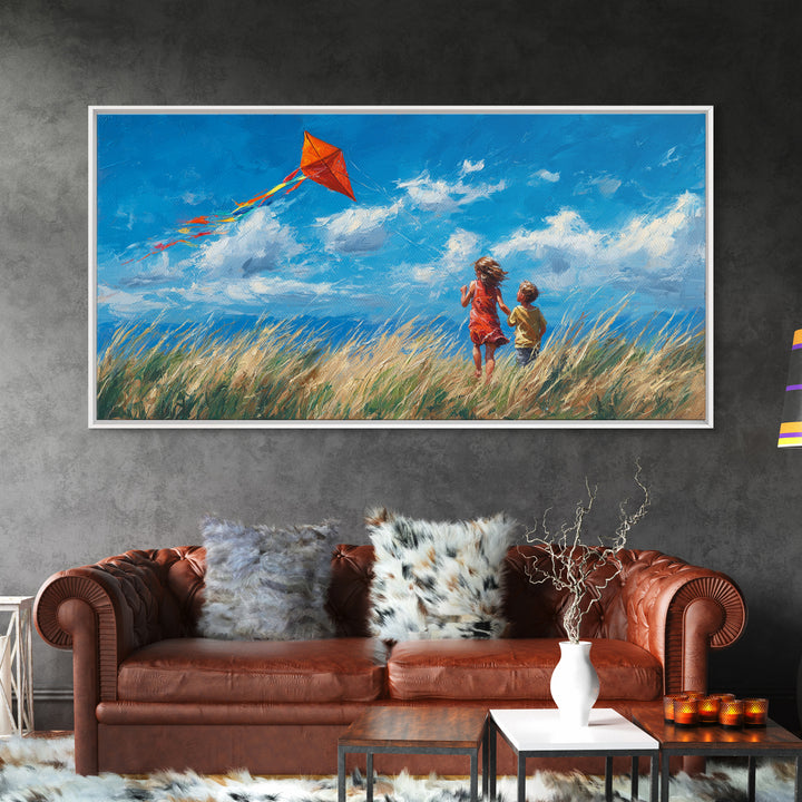 Two Children Flying Red Kite Canvas Print, Bright Blue Sky Wall Art, Summer Meadow Decor, Kids Room Art, Gift For Mom, Home Decor