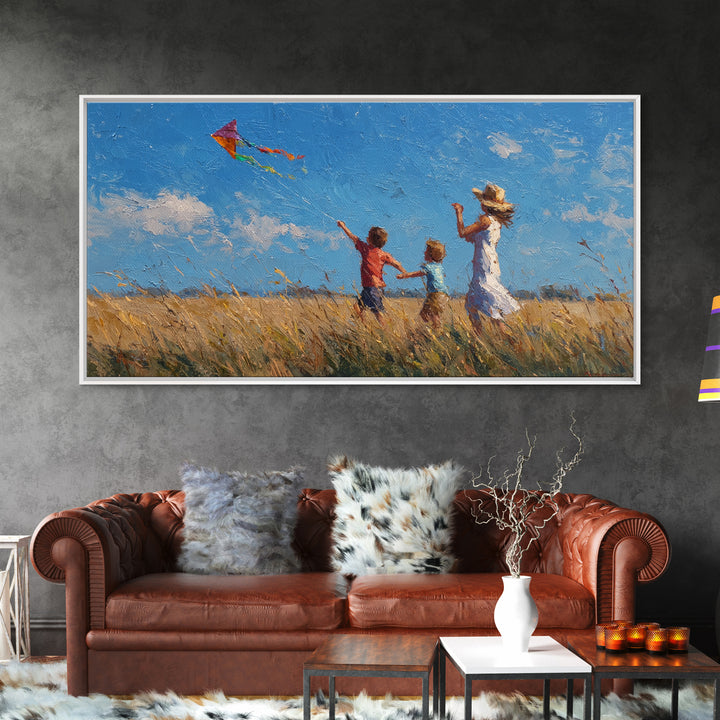 Mother And Sons Flying Kite Canvas Print, Sunny Grassland Wall Art, Family Home Decor, Nursery Art, Housewarming Gift For Mom