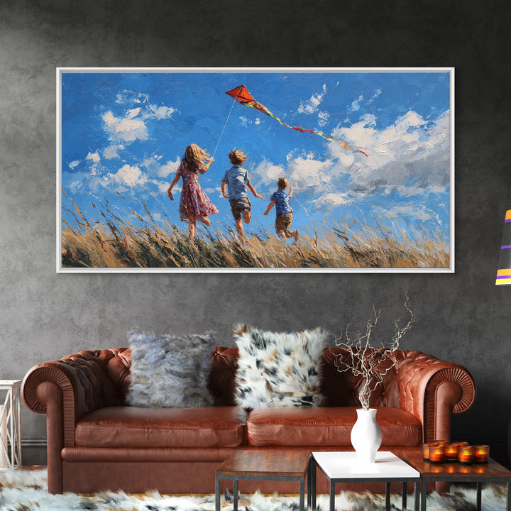 Three Children Chase Red Kite Canvas Print, Breezy Summer Field Wall Art, Kids Room Decor, Coastal Landscape Gift For Her