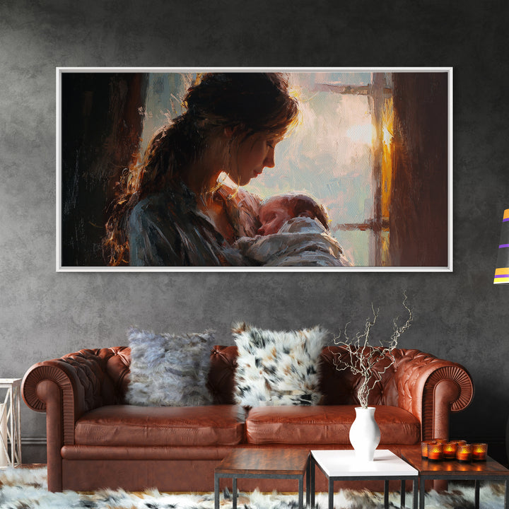 Mother Nursing Baby By Window Canvas Print, Warm Newborn Wall Art, Moody Nursery Decor, Gift For Her, Bedroom Wall Decor