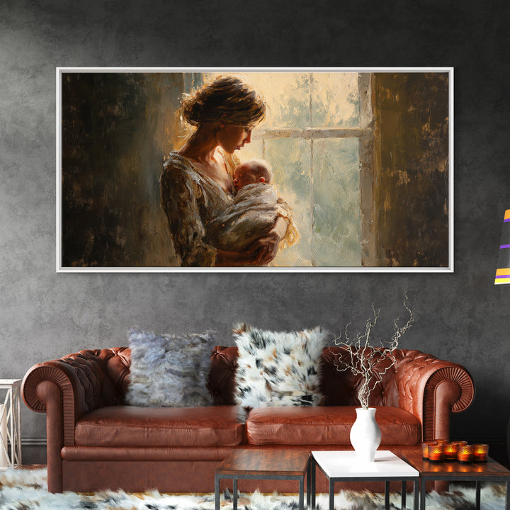 Mother Holding Newborn By Window Canvas Print, Tender Nursery Wall Art, Warm Bedroom Decor, Baby Shower Gift For Mom, Home Decor