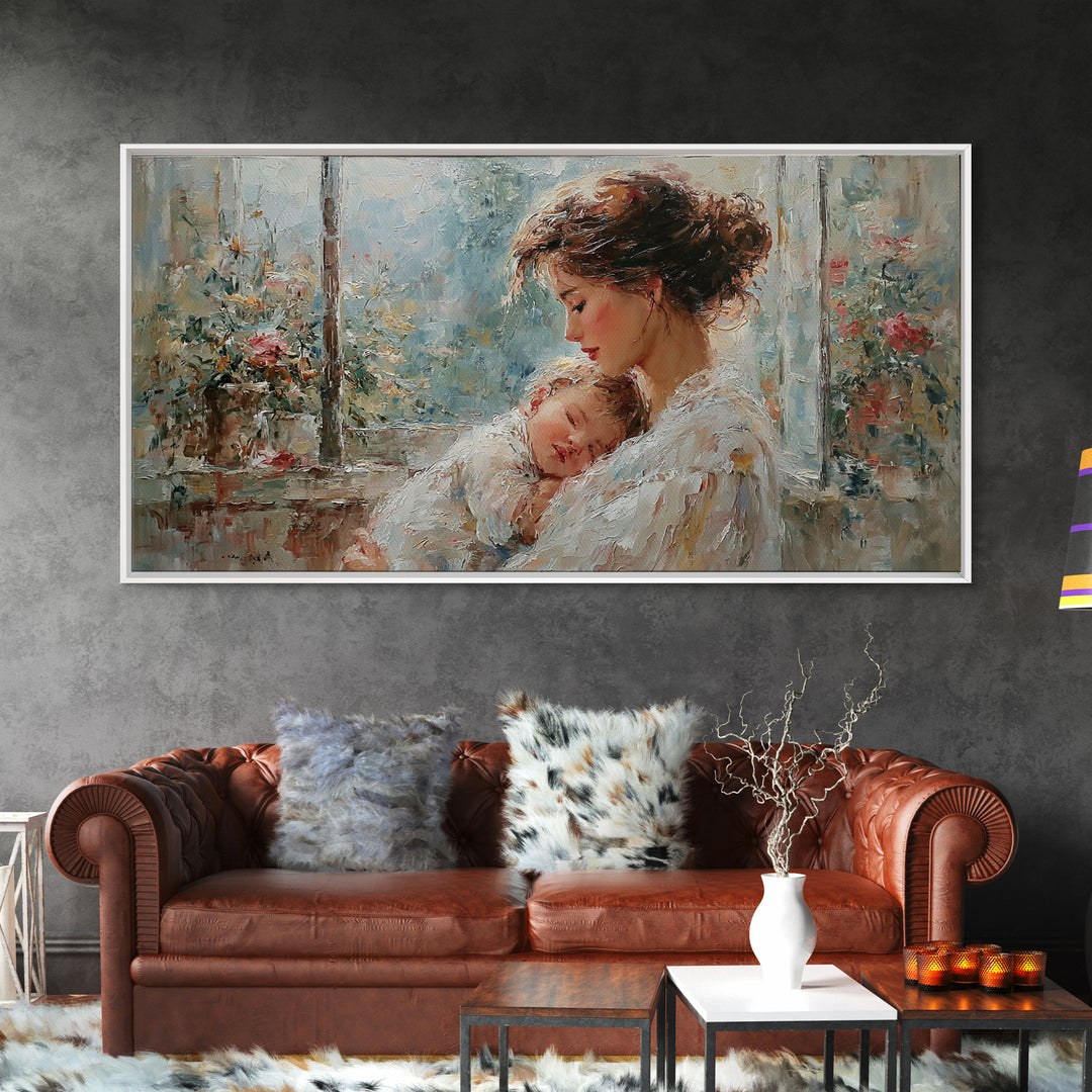 Tender Mother And Baby By Rainy Window Canvas Print, Impressionist Nursery Wall Art, Floral Bedroom Decor, New Mom Gift, Home Decor