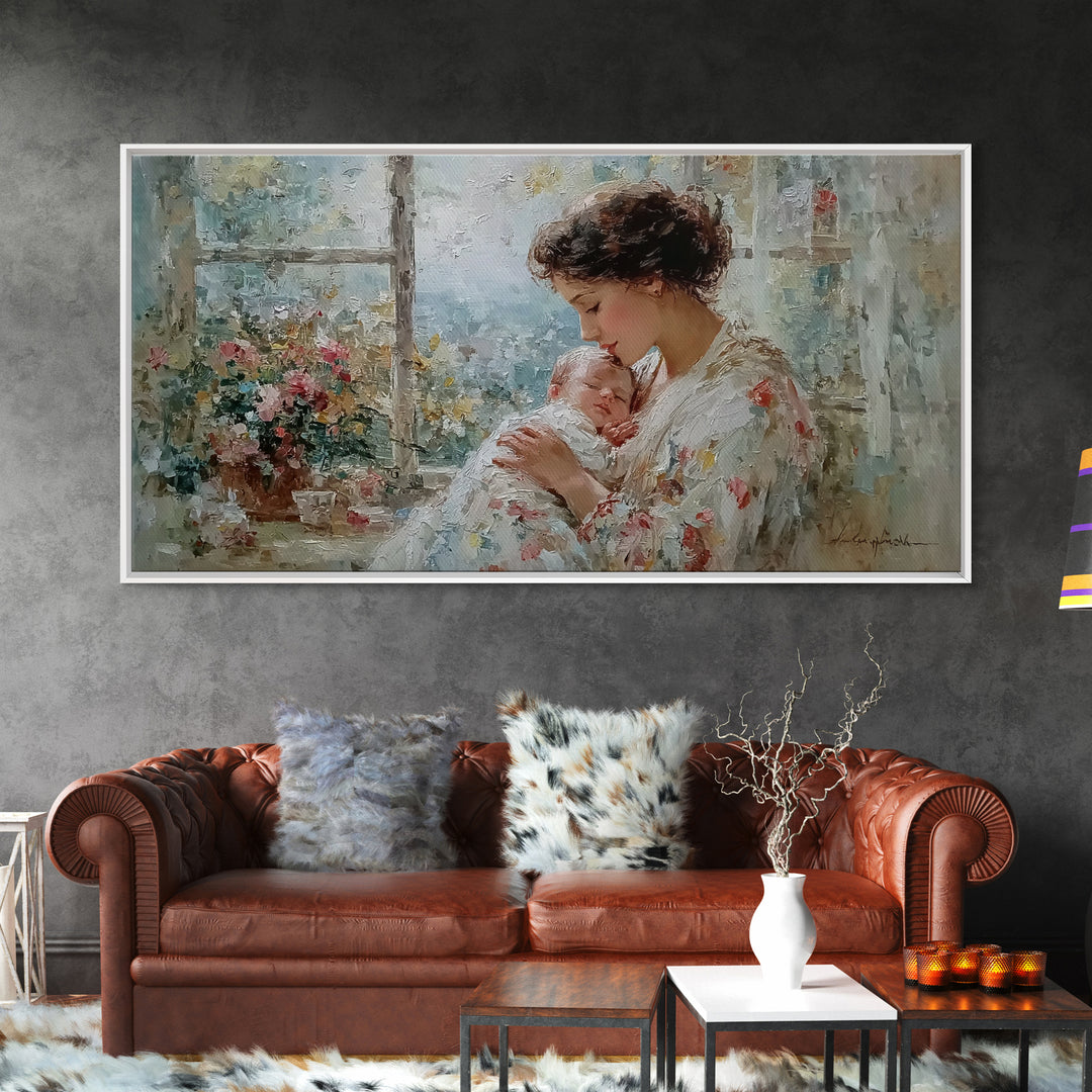 Mother Kissing Newborn By Garden Window Framed Canvas Print, Impressionist Nursery Wall Art, Floral Home Decor Gift For Her