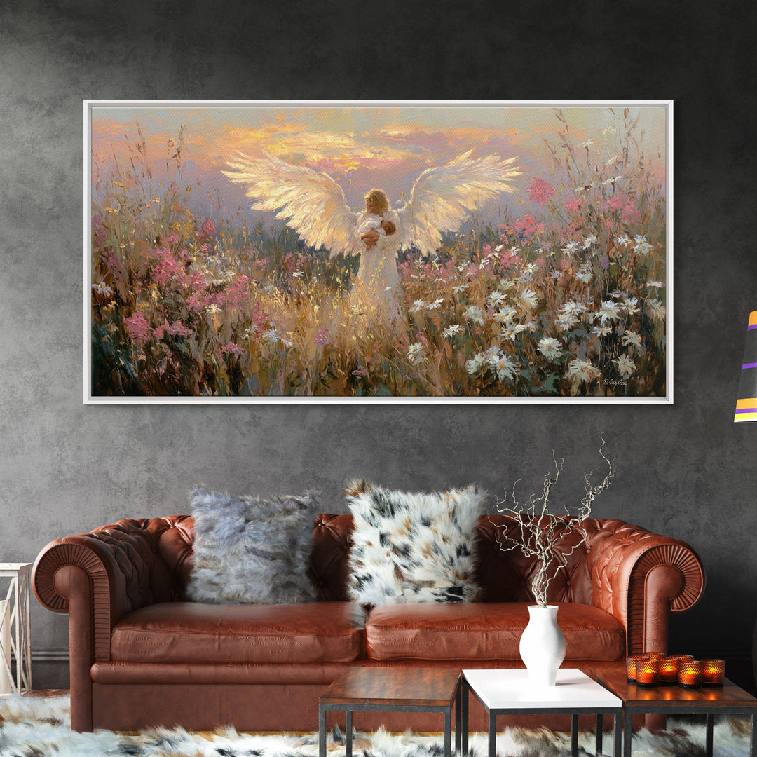 Glowing Guardian Angel Holding Baby At Sunset Canvas Print, Spiritual Wall Art, Wildflower Meadow Decor, Christian Gift Idea