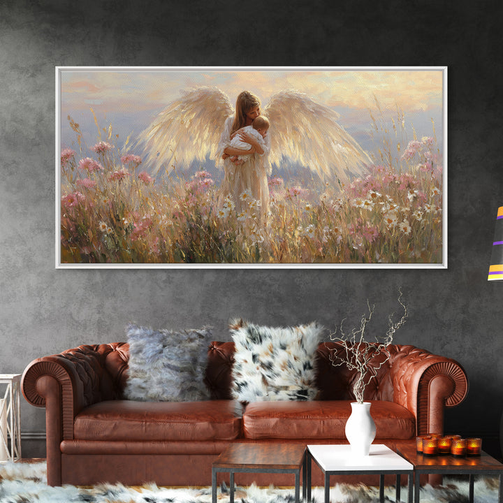 Radiant Angel Cradling Infant In Wildflower Field Canvas Print, Christian Wall Art, Spiritual Nursery Decor, Baby Shower Gift