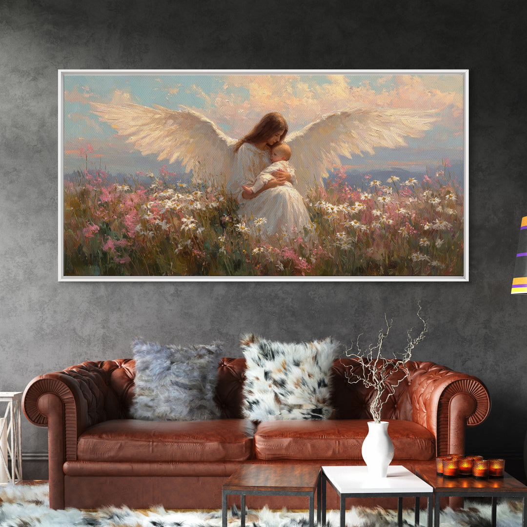 Angel Mother Nursing Baby Among Wildflowers Framed Canvas Print, Spiritual Wall Art, Christian Nursery Decor, Gift For Mom