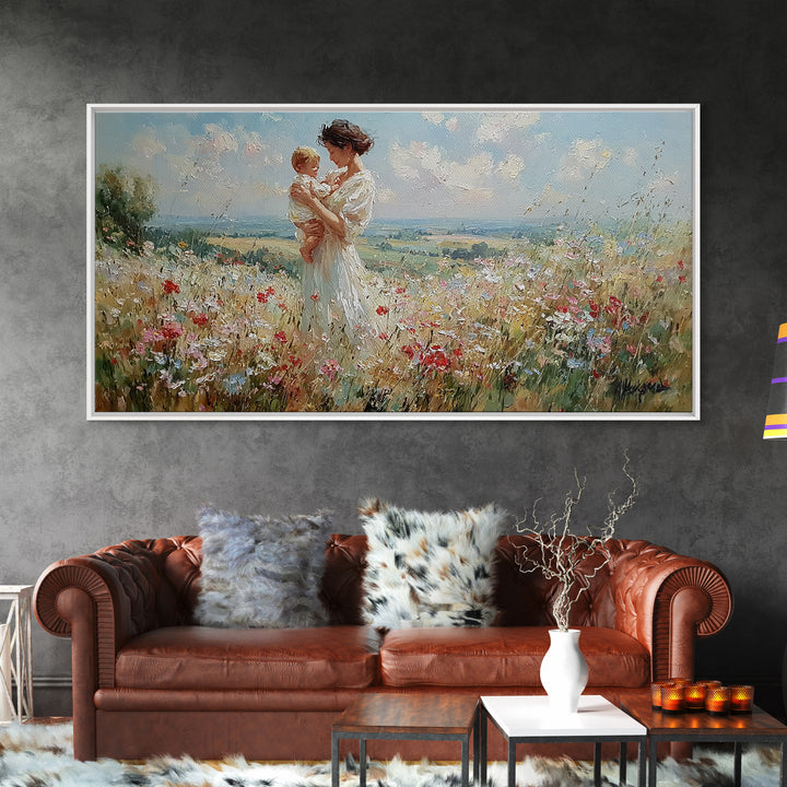 Mother And Toddler In Blooming Meadow Canvas Print, Impressionist Wall Art, Floral Nursery Decor, Living Room Wall Art Print