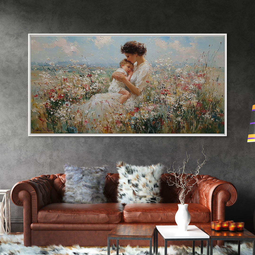 Seated Mother Holding Sleeping Child In Flower Field Canvas Print, Impressionist Wall Art, Nursery Decor, Housewarming Gift