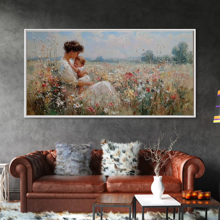 Mother And Baby Resting In Wildflower Meadow Framed Canvas Print, Impressionist Wall Art, Floral Nursery Decor, Gift For Her