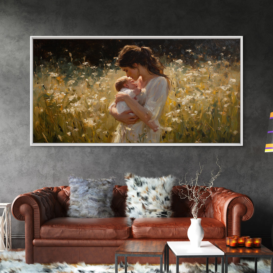Tender Mother And Baby In White Wildflower Meadow Canvas Print, Impressionist Nursery Wall Art, Gift For Mom, Bedroom Decor