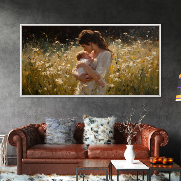 Tender Mother And Baby In White Wildflower Meadow Canvas Print, Impressionist Nursery Wall Art, Gift For Mom, Bedroom Decor