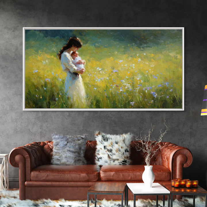 Mother Holding Newborn In Sunny Wildflower Field Framed Canvas Print, Impressionist Wall Art, Nursery Decor, Gift For Mom