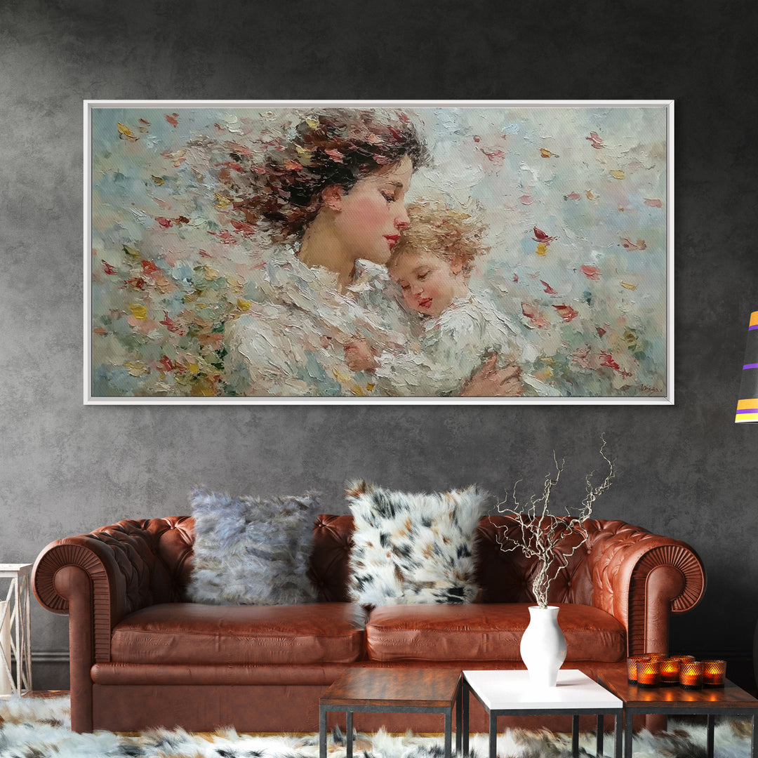Windblown Mother And Sleeping Child With Petals Canvas Print, Feminine Wall Art, Impressionist Nursery Decor, Gift For Her