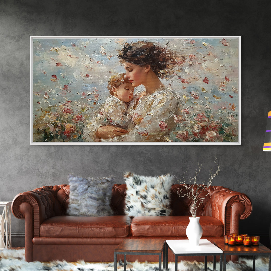 Mother Embracing Child In Blossoming Garden Wall Art, Impressionist Framed Canvas Print, Romantic Floral Decor, Gift For Mom