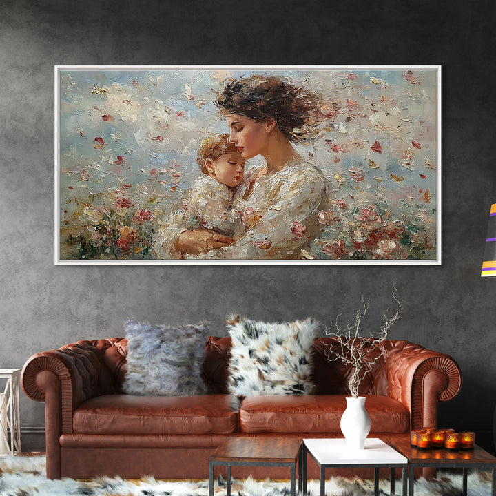 Mother Embracing Child In Blossoming Garden Wall Art, Impressionist Framed Canvas Print, Romantic Floral Decor, Gift For Mom