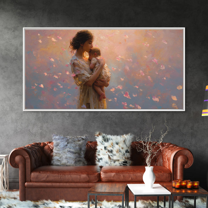Soft Pink Mother And Baby At Sunset Canvas Print, Romantic Nursery Wall Art, Feminine Bedroom Decor, Beautiful Gift For New Mom