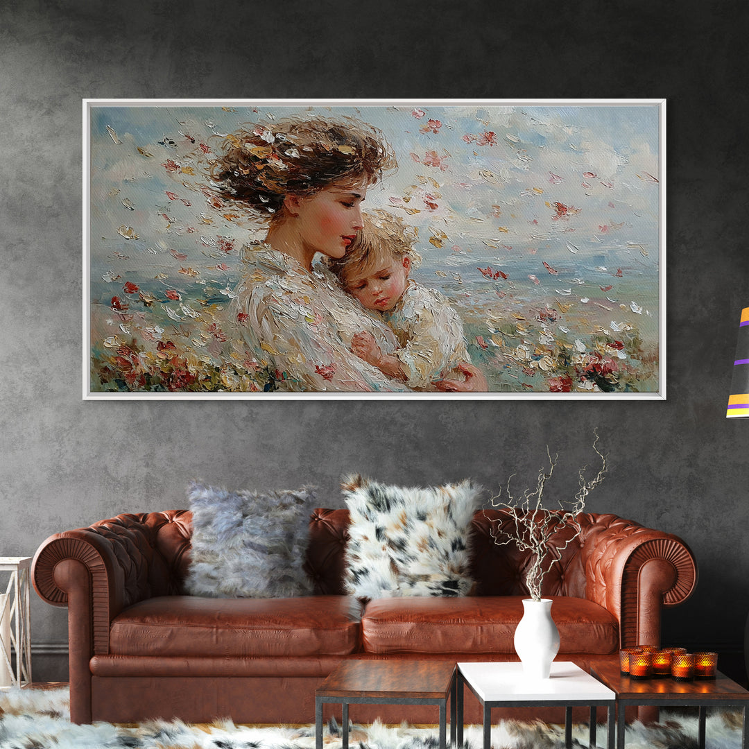 Windy Meadow Mother And Child With Falling Petals Wall Art, Impressionist Canvas Print, Floral Nursery Decor, Gift For Mom