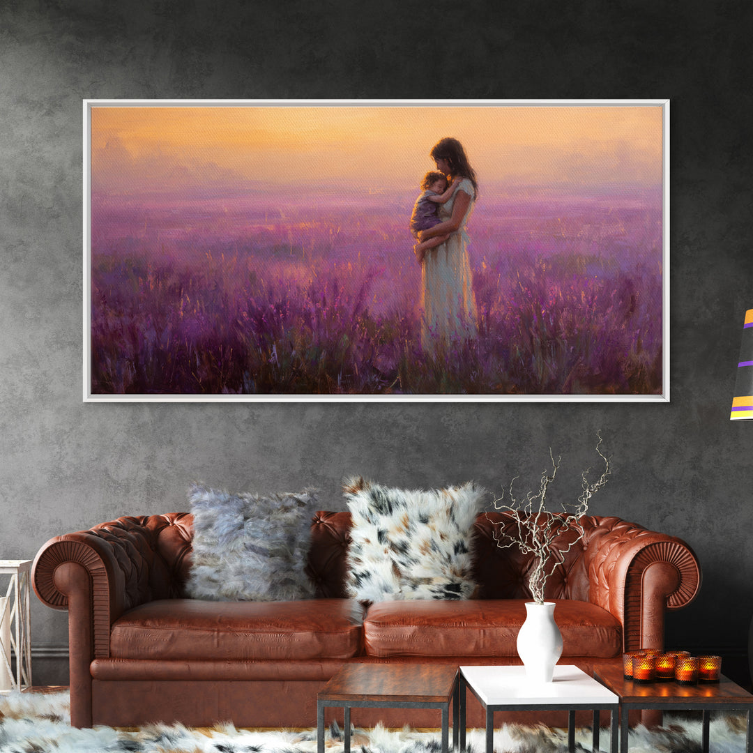 Mother And Child In Lavender Field At Sunset Canvas Print, Purple Landscape Wall Art, Romantic Bedroom Decor, Gift For Mom