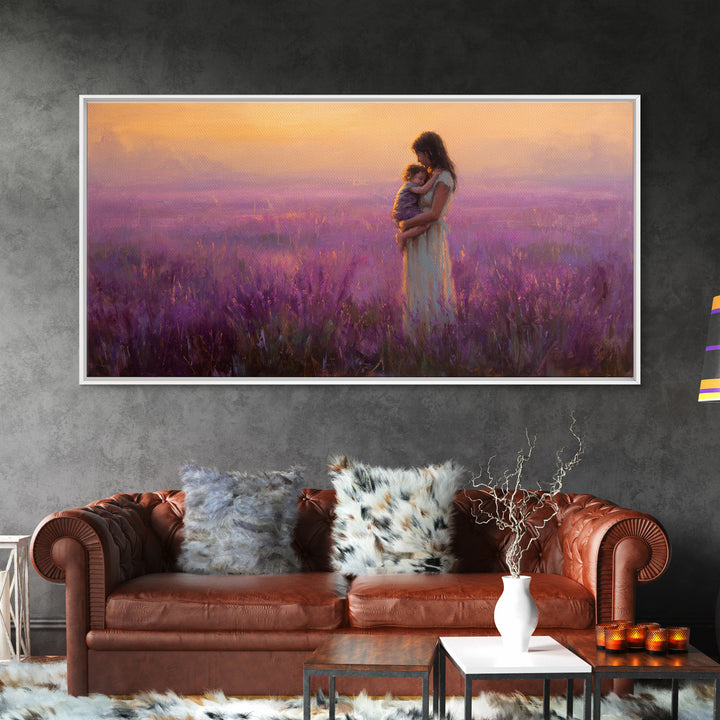 Mother And Child In Lavender Field At Sunset Canvas Print, Purple Landscape Wall Art, Romantic Bedroom Decor, Gift For Mom