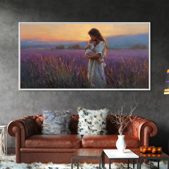 Mother Cradling Child In Lavender Sunset Field Canvas Print, Romantic Wall Art, Impressionist Bedroom Decor, Gift For Her