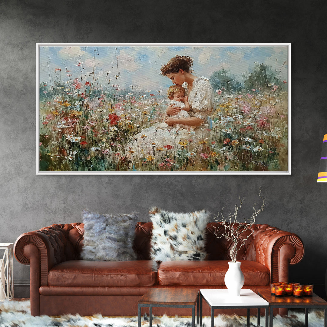 Mother And Baby In Wildflower Meadow Canvas Print, Impressionist Floral Nursery Wall Art, Gift For Mom, Motherhood Decor
