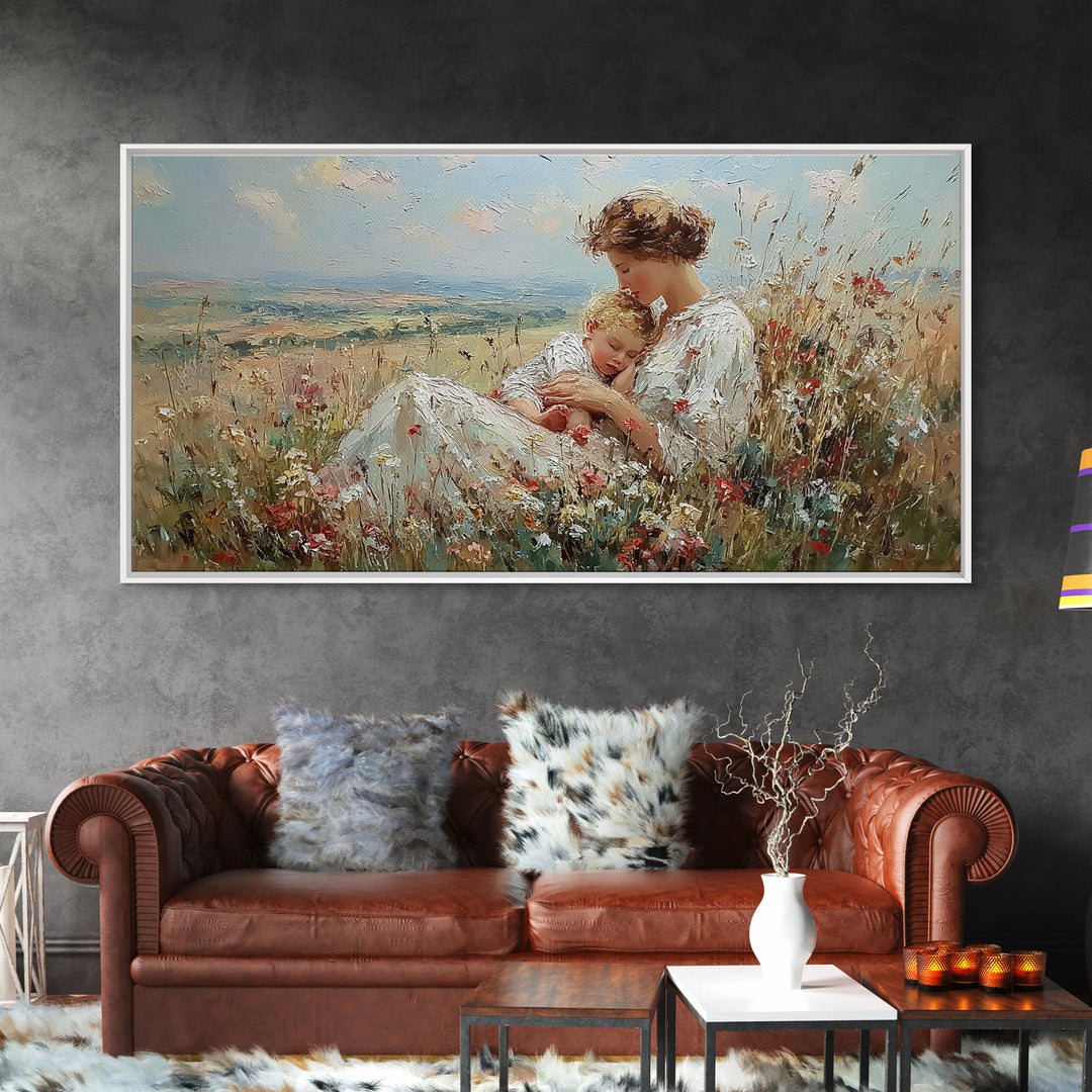 Nursing Mother And Baby In Summer Meadow Framed Canvas Print, Impressionist Floral Wall Art, Motherhood Gift, Nursery Decor