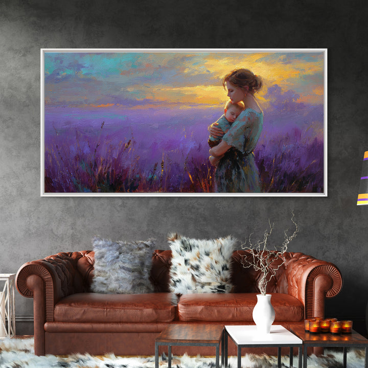 Mother Holding Baby In Lavender Sunset Canvas Print, Purple Field Wall Art, Motherhood Gift, Calming Nursery Bedroom Decor