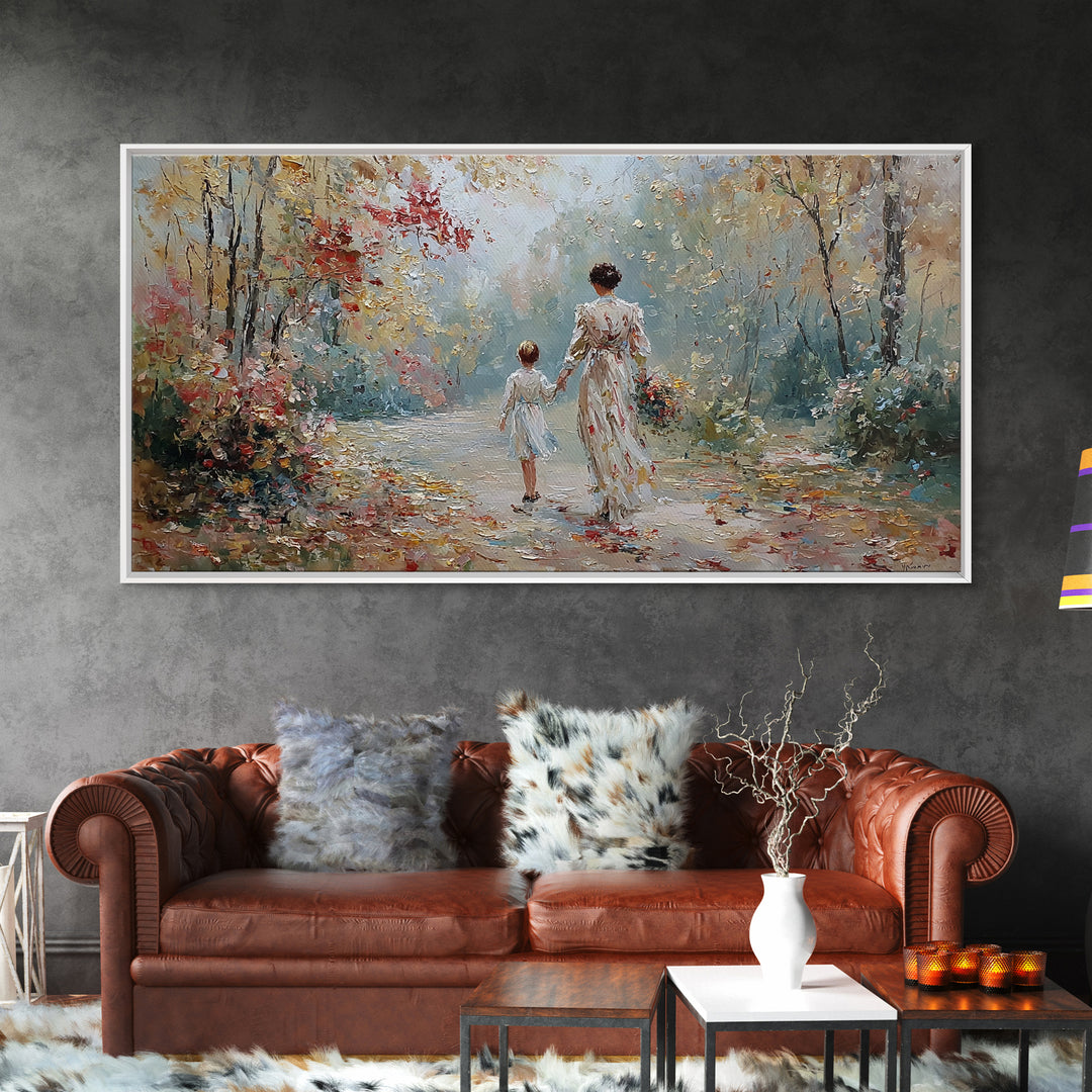 Mother And Child Walking Floral Woodland Path Wall Art, Impressionist Autumn Canvas Print, Family Gift, Living Room Decor