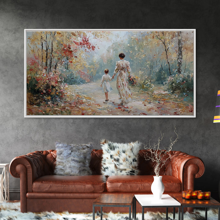 Mother And Child Walking Floral Woodland Path Wall Art, Impressionist Autumn Canvas Print, Family Gift, Living Room Decor