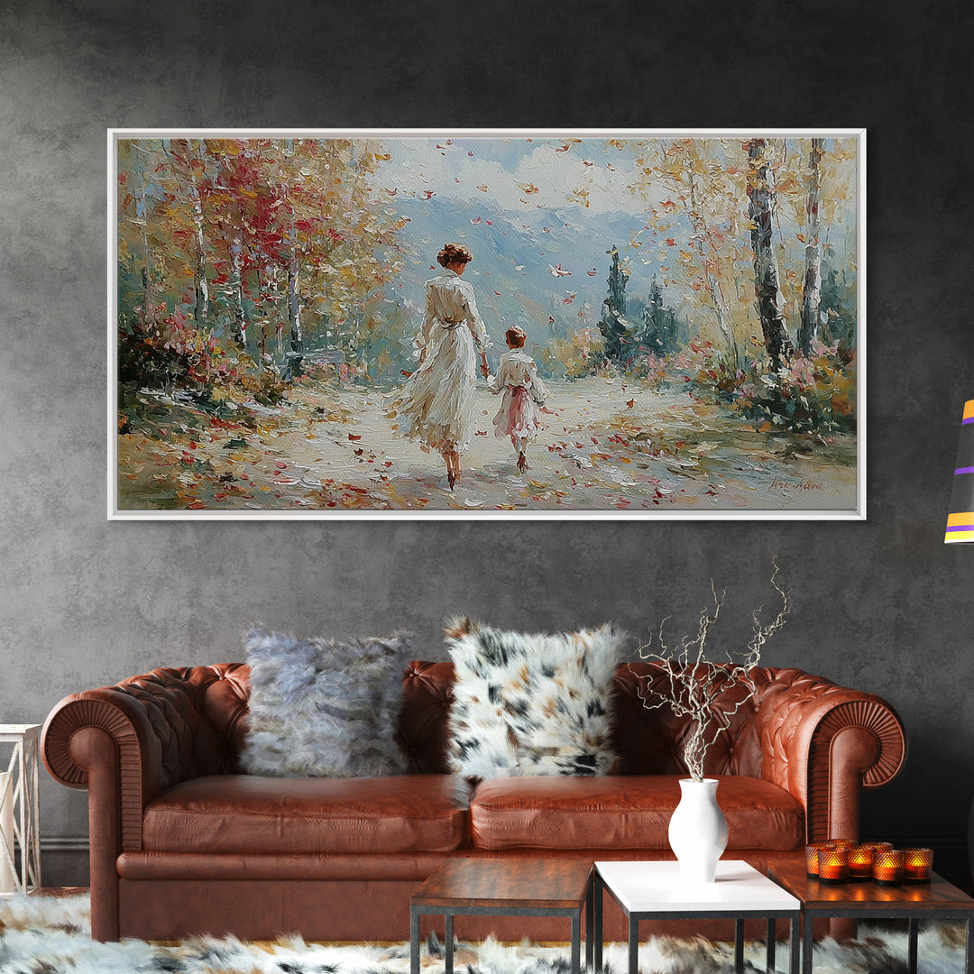 Mother And Child On Blossom Mountain Path Canvas Print, Impressionist Landscape Wall Art, Neutral Nursery Living Room Decor