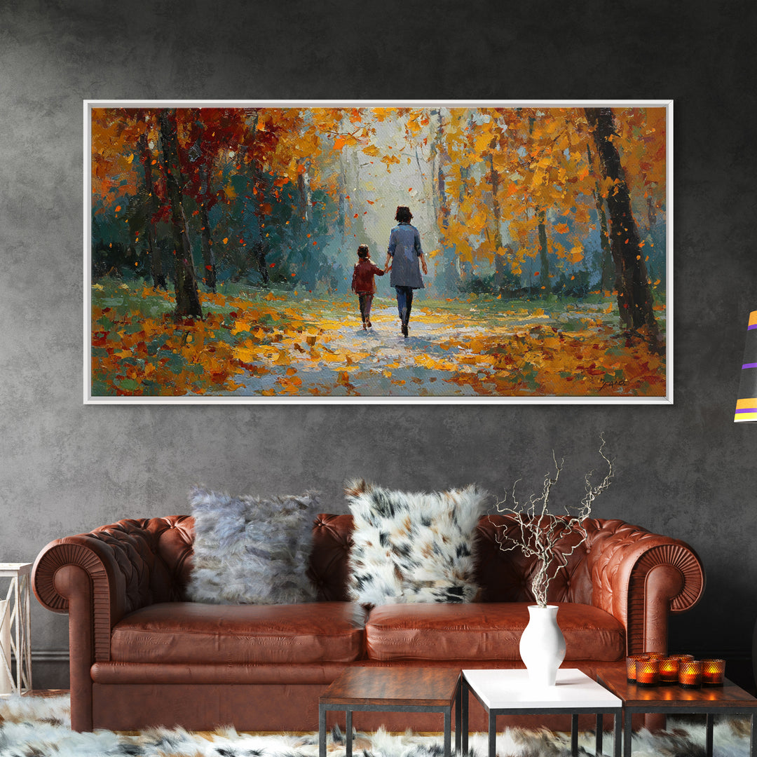 Mother And Child In Golden Autumn Park Framed Canvas Print, Fall Landscape Wall Art, Family Gift, Cozy Living Room Home Decor