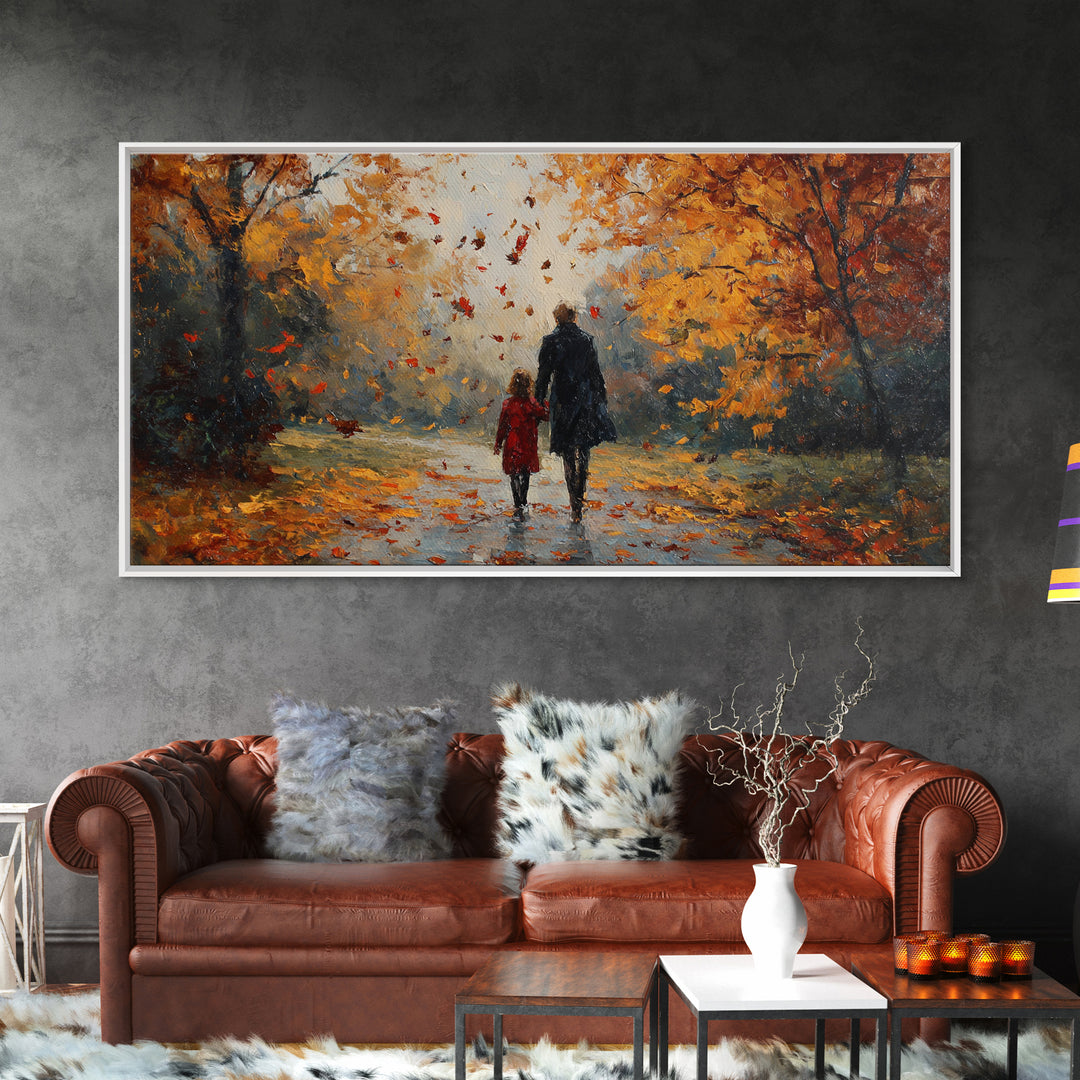 Father And Child In Orange Autumn Forest Wall Art, Impressionist Fall Canvas Print, Family Gift, Cozy Living Room Home Decor